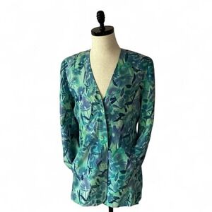 Floral Print Button Down Blazer Jacket‎ Green Blue Long Sleeve